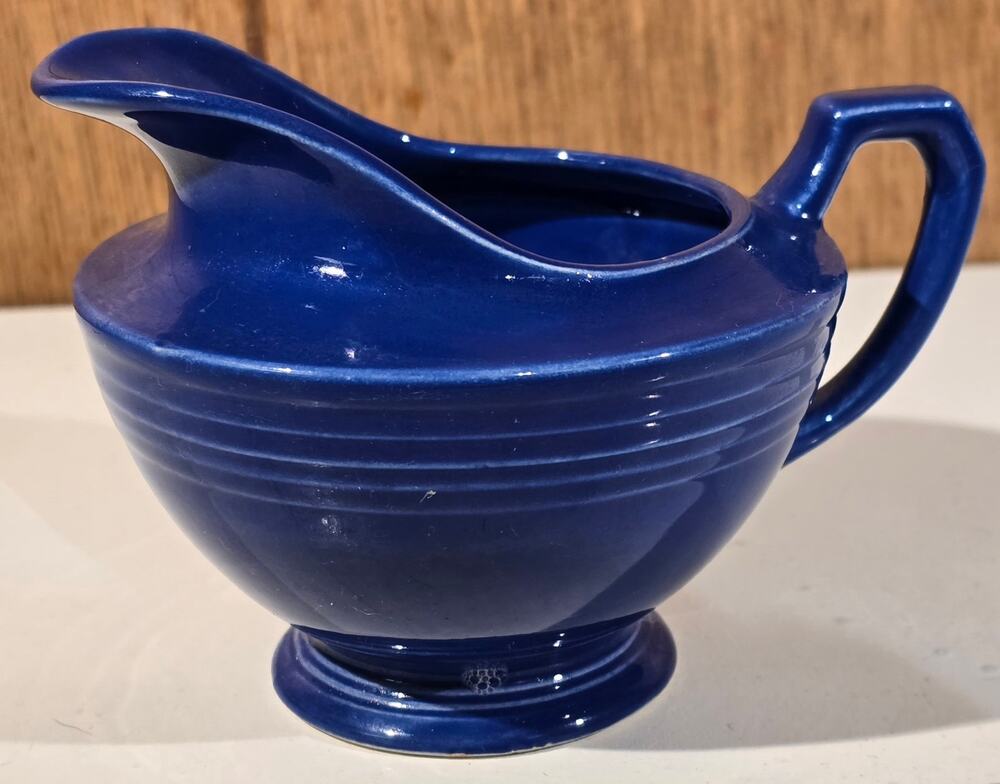 Cobalt Blue Ceramic Gravy Boat Fiesta Style Unmarked Pedestal Ringed Vintage